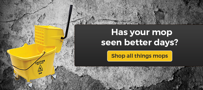 A yellow mop bucket on a old, gray concrete background. Overlaid text reads, "Has your mop seen better days? Shop all things mops."