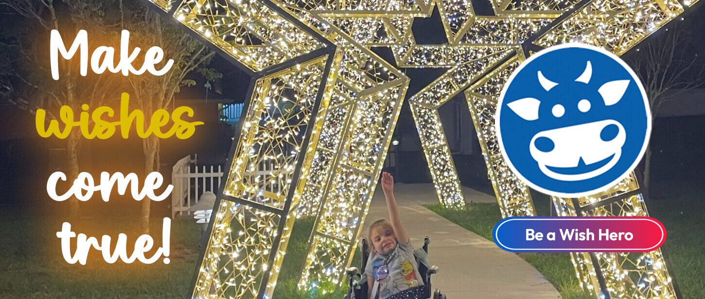 A picture of Abby, an Idaho Wish Kid battling end-stage kidney disease, under lit up star arches. Text reads, "Make wishes come true! Be a Wish Hero"