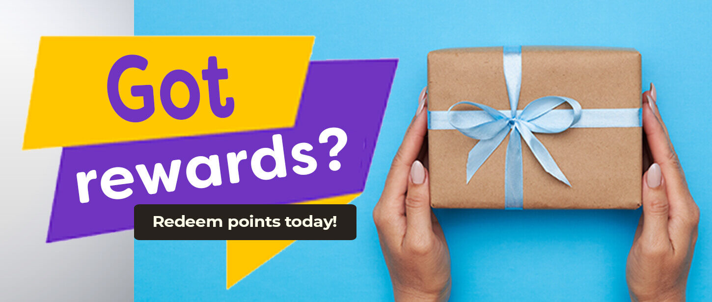 A set of hands holding a present wrapped in brown paper and tied with a light blue bow on a blue background. Text reads, "Got rewards? Redeem points today!"