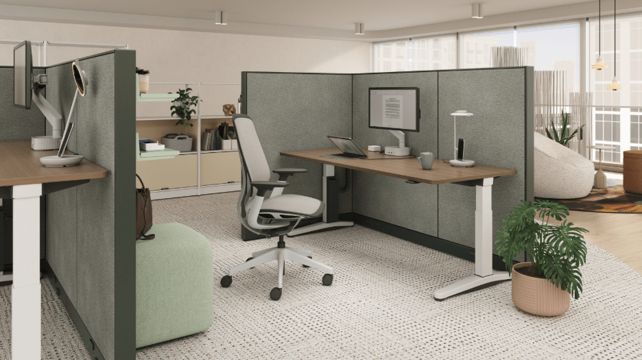 Brown colored Steelcase Ology sit-stand desk in an ergonomic office setup. 