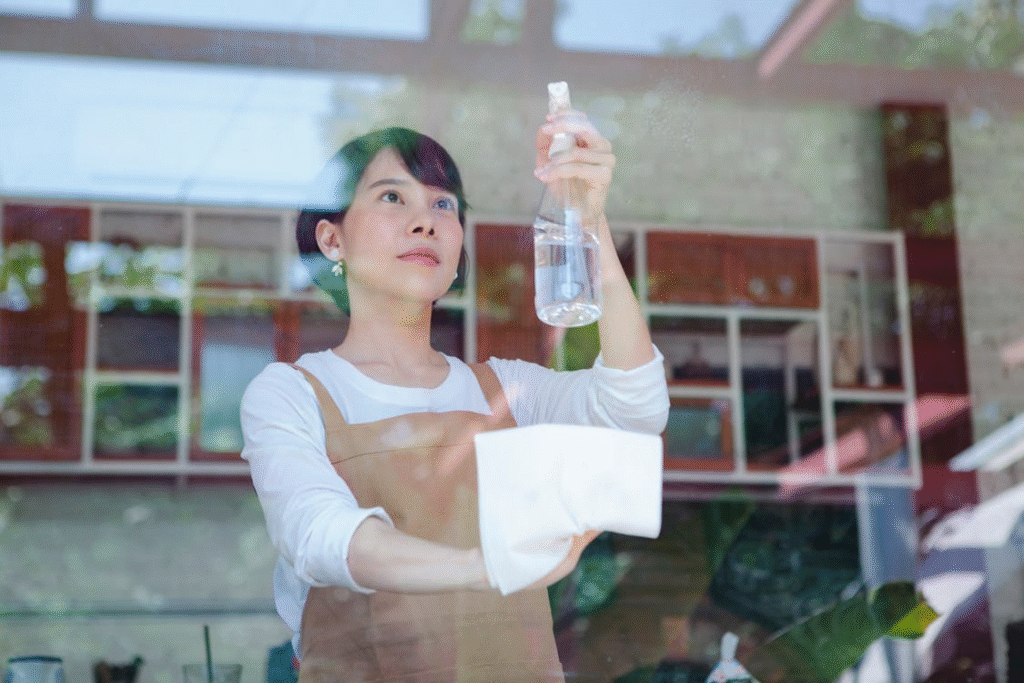 Asian woman wiping glass with a spray bottle and cloth. Photographer: Antonius Ferret
