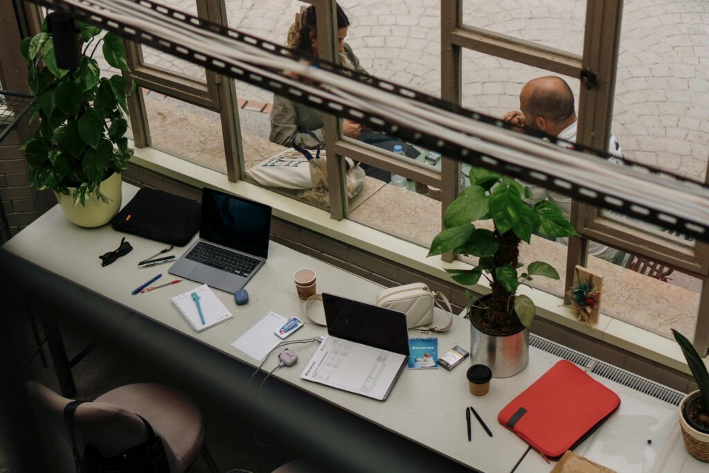 Cozy indoor workspace with laptop and plants, perfect for remote work inspiration. Photographer: Berna