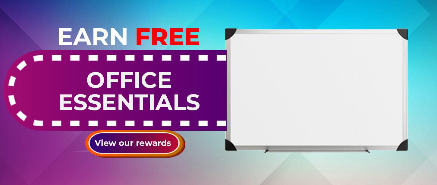 An abstract, geometric blue and pink background with a Lorell whiteboard. Text reads, "Earn free office essentials! View our rewards."